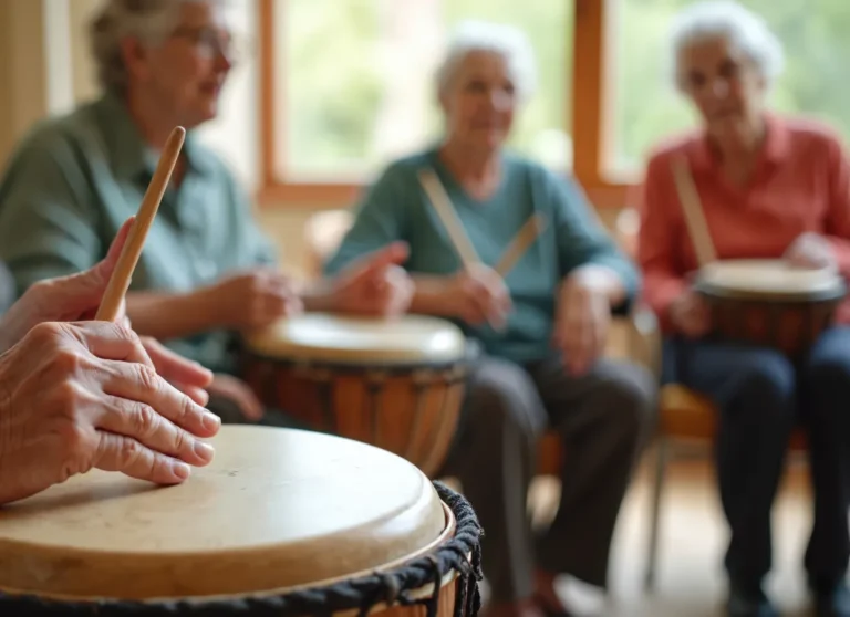Elderly people sit in a group playing hand drums indoors, focusing on rhythm and coordination together.